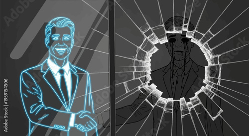 Smiling businessman in suit with arms crossed standing next to shattered screen