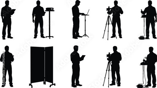 Black silhouette illustrations of professional audiovisual technicians and video production crew operating cameras, projectors, laptops, and technical equipment for live events and media broadcasting.