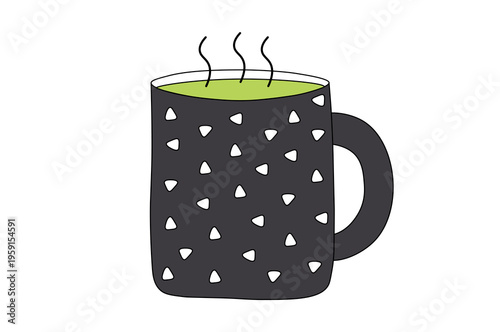 Black mug with hot drink, green tea. One illustration isolated on white background. Cartoon vector design. Tea time. Black, white and green color.