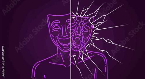Split personality concept with smiling and screaming faces in purple tones
