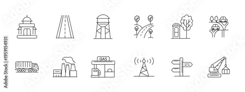 Urban transport infrastructure set icon. Dome road tower park booth bridge truck factory gas antenna sign crane depict city travel industry network.