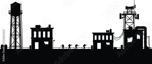 Military Special Forces Soldiers Silhouette in Abandoned Post Apocalyptic City Background with Water Tower and Radio Antenna for Combat Vector Illustration.v