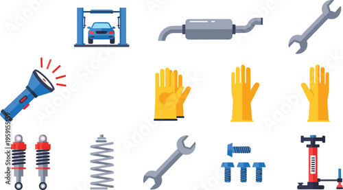 Comprehensive collection of flat vector icons featuring essential automotive repair tools garage equipment car maintenance parts professional mechanic gear and vehicle service shop elements.