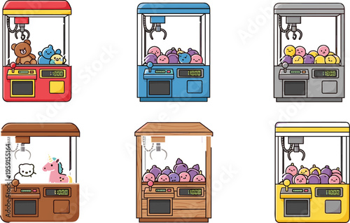 Colorful vector illustration set of various retro arcade claw machines and crane games filled with cute plush teddy bears, unicorns, and round emoji toys.