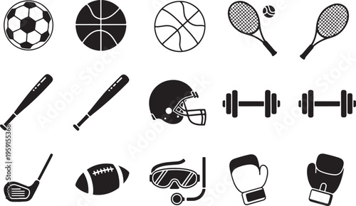 Sports equipment icon set, 15 black vector silhouettes, athletic gear and fitness symbols