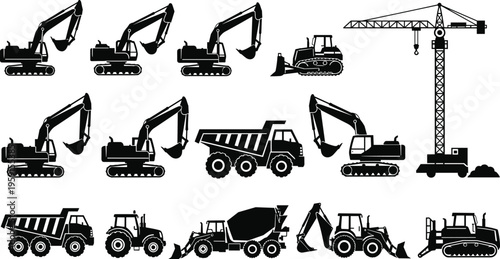 Construction heavy machinery set including excavator crane dump truck bulldozer and concrete mixer icons for industrial building site and civil engineering projects isolated on white.