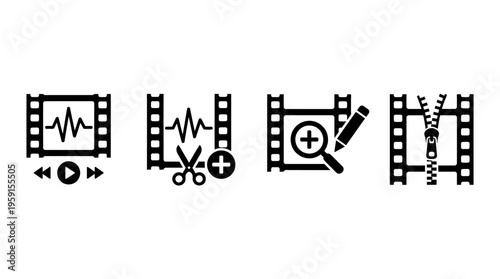   
"Video Editing Icons Vector Illustration, Filmstrip Waveform Symbols, Playback Controls, Scissors Trim, Magnifying Glass Edit, Compression Zipper, Black Graphic Design, Creative Media Tools"