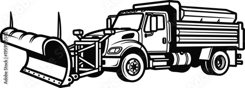 Heavy duty snow plow truck illustration with salt spreader and front blade for winter road maintenance and snow removal service isolated on white background.