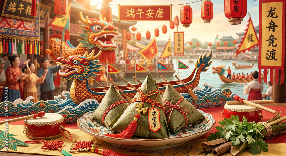 Obraz premium Festive Dragon Boat Theme Zongzi styled with dragon boat festival decorations, traditional elements, warm festive colors, lively and cultural commercial campaign aesthetic