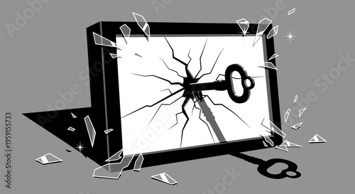 Cracked screen with key breaking through shattered glass and scissors on gray background symbolizing freedom and access
