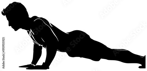 Person doing push ups in plank position exercising fitness workout silhouette black white background strong healthy lifestyle exercise routine bodyweight training muscular