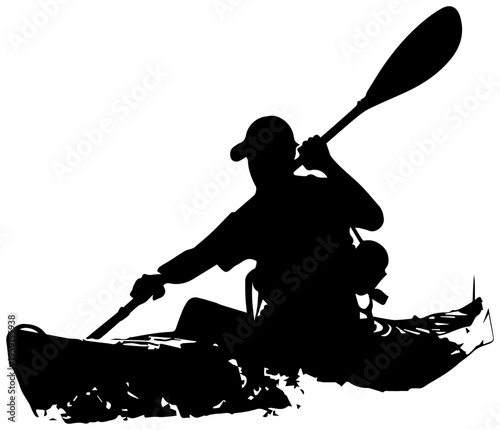 Kayaker paddling with double bladed paddle in water silhouette of person in kayak with oar white background