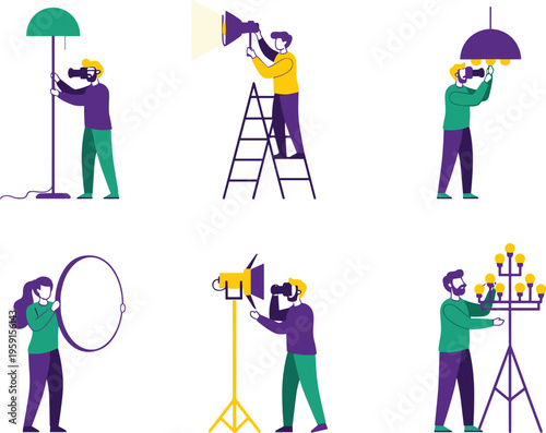 Professional lighting technician and film crew character set featuring workers adjusting studio lights reflectors and stage equipment for movie production or photography sessions isolated on white.