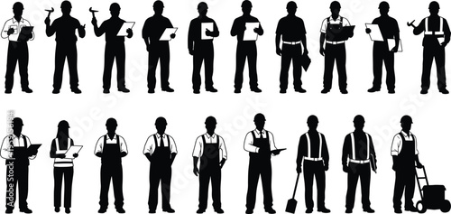 Professional industrial worker and construction crew silhouette set featuring builders engineers and technicians in safety gear for building site and maintenance project design.