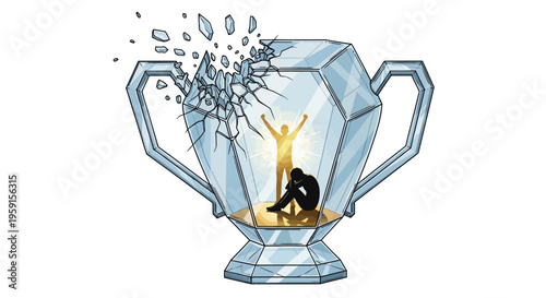 Person breaking free from trophy cup symbolizing freedom and success