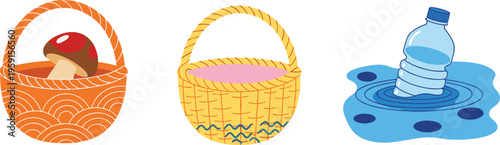 Waste and Recycling Concept Set with Plastic Bottle Pollution and Food Basket Illustration in Flat Design Style for Environmental Awareness