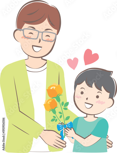 父の日にバラの花を渡す男の子