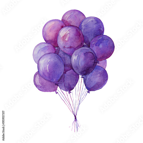 Vibrant Set of Purple Watercolor Balloons Isolated on White Background