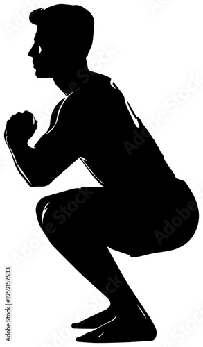 Man doing squats exercise with knees bent and back straight in fitness routine