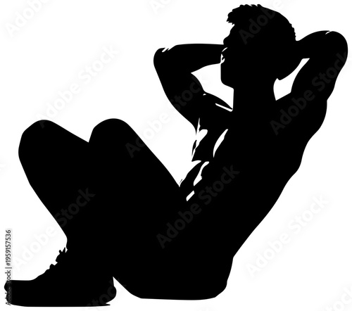 Person doing sit ups with torso raised and hands behind head in black silhouette on white background exercising abdominal muscles