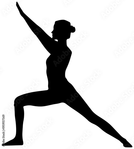 Person in yoga warrior pose with one leg forward and arm raised silhouette on white background fitness and wellness concept
