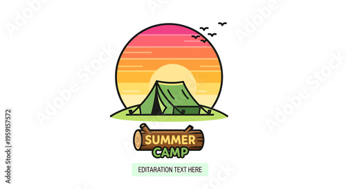 Summer camp logo, outdoor adventure icon, colorful sunset emblem, camping symbol