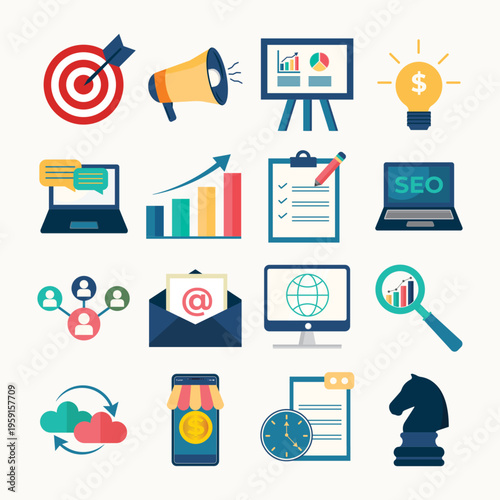 Digital Marketing Strategy Flat Icon Set