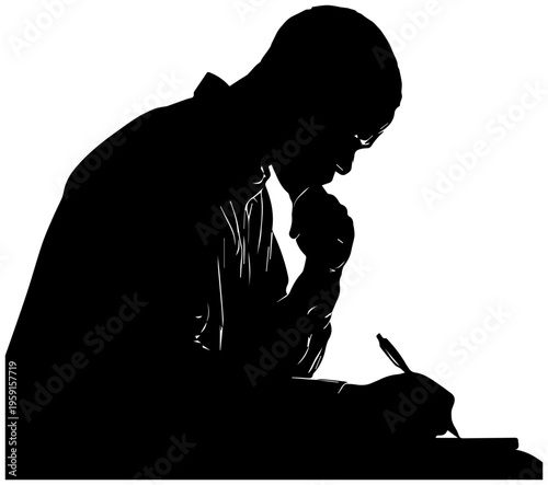 Person writing in journal with pen in hand thoughtful expression silhouette against plain white background introspective mood