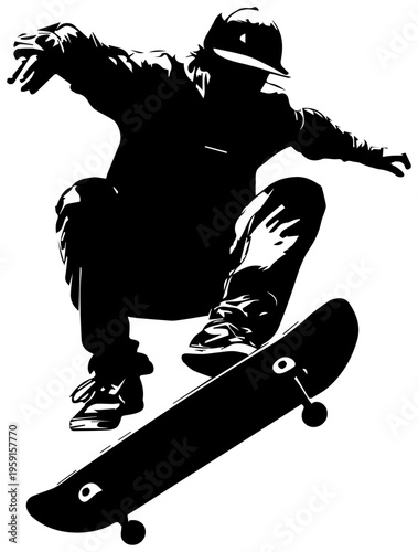 Skateboarder performing dynamic ollie trick with board in air wearing casual clothing and hat black silhouette on white background action sports and hobbies concept