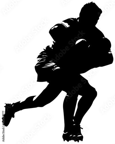 Rugby player tackling opponent with body low and arms wrapped in dynamic motion on field