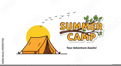 Summer camp logo, adventure tent icon, outdoor adventure badge, camping emblem