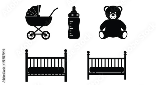A set of baby icons including a stroller, bottle, teddy bear, and two beds