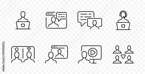 Online meeting set icon. Remote work, video call, chat dialog, support operator, team comparison, screen sharing, media presentation, group balance