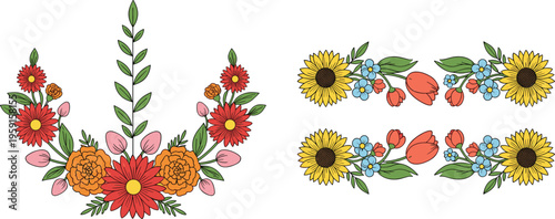 Floral Arrangement and Border Set with Sunflowers, Roses, Leaves, and Wildflowers in Decorative Botanical Style for Frames and Design Elements