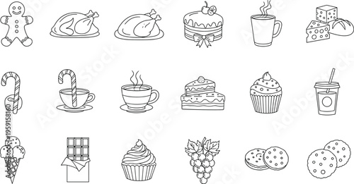 Assorted food and drink in simple line style gingerbread turkey cake