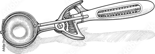 Detailed Hand Drawn Vector Illustration of a Classic Ice Cream Scoop with Mechanical Lever Isolated on White Background for Vintage Kitchenware and Dessert Design