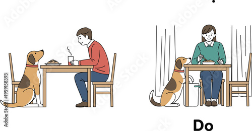 Dog training concept with do and dont behavior at table, vector illustration showing pet manners and feeding etiquette in home environment