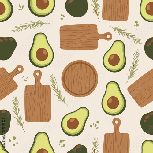 Avocado fruit on cutting boards.