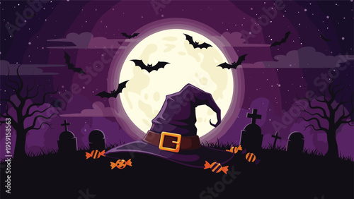 Purple witch hat with sweets on a dark graveyard hill under a large full moon with bats in pixel art style.