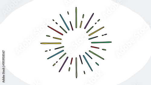 Abstract multi-colored sunburst or fireworks burst with colorful rays of light emanating from the center.