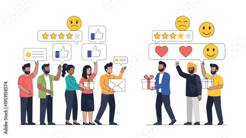 Comparison of two groups of people receiving different social media feedbacks including stars likes hearts and emojis.