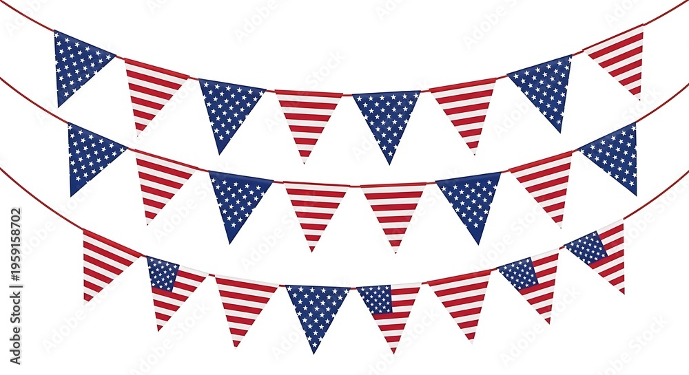 Obraz premium A festive set of three strings of american flag pennant banners isolated on a plain white background