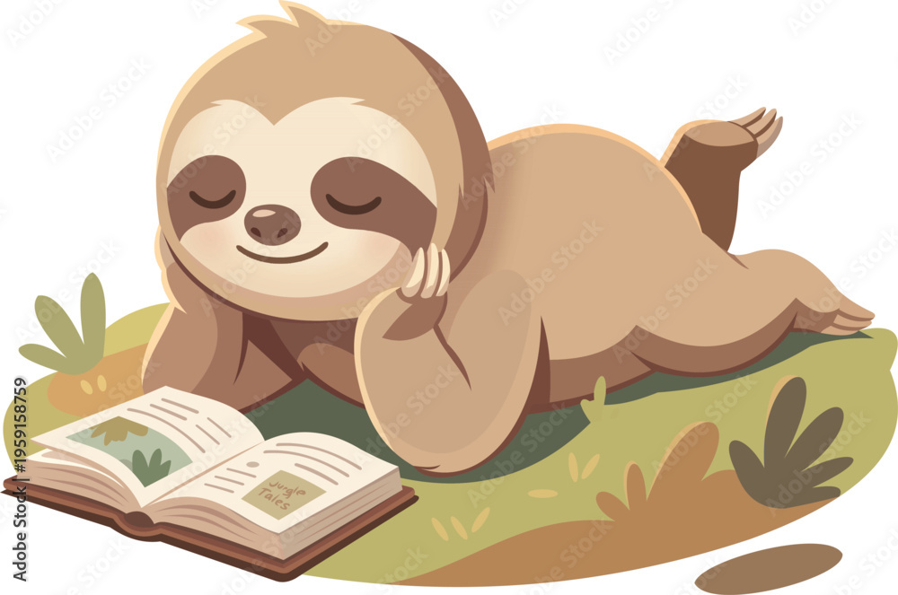 Naklejka premium Sloth Reading Book Nursery Birthday Kids Design 