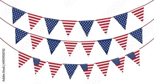A festive set of three strings of american flag pennant banners isolated on a plain white background
