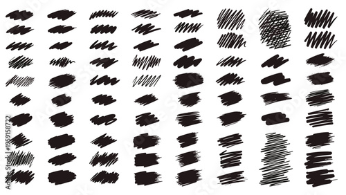 Large collection of various black hand drawn pen strokes and scribbles for textures and decorative design elements on white.