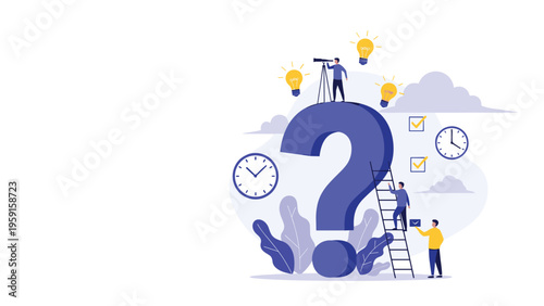 Diverse group of professionals working around a large question mark with light bulbs and clocks for creative problem solving.