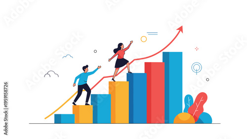 Group of business people climbing a colorful bar graph with a rising red arrow, representing success and career progression.