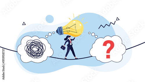 Businesswoman balancing on a tightrope while holding a glowing light bulb idea between clouds of confusion and a question mark.