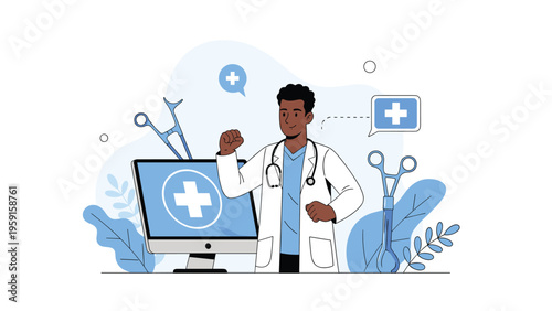 African American doctor celebrating success next to a computer screen with a medical cross, surrounded by professional tools.