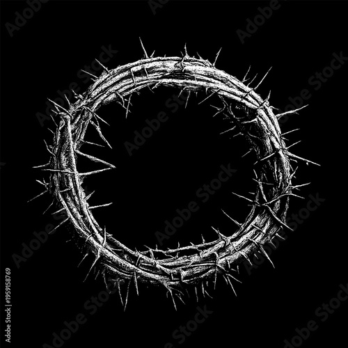 Hand-drawn vector illustration of a thorn crown arranged in a circular form, featuring sharp, intricate spikes and textured organic details, isolated on a black background. 